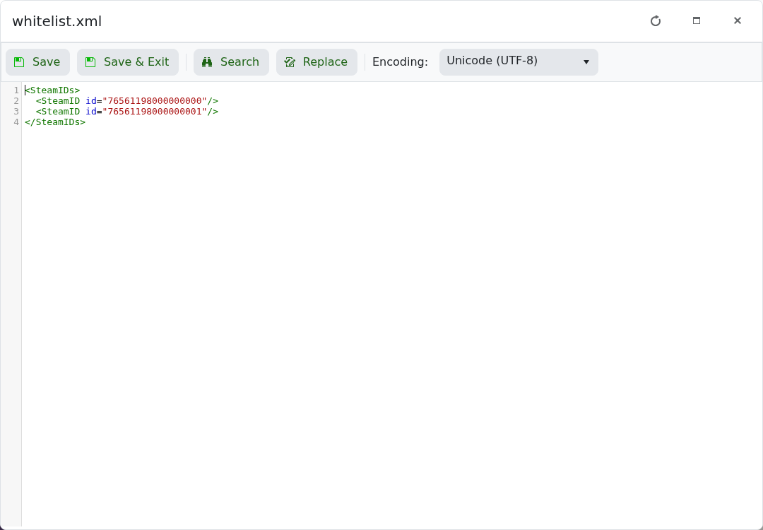 Miscreated whitelist.xml containing two example SteamID64 entries