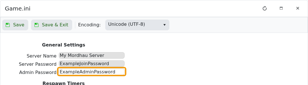 Mordhau Game.ini Config Editor with Admin Password highlighted