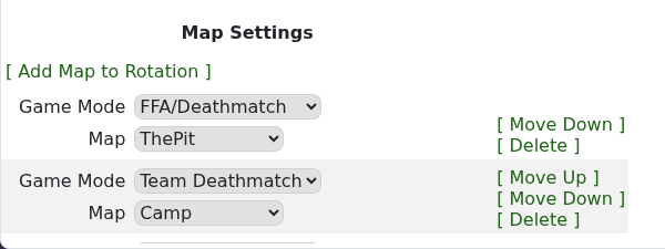Mordhau Game.ini Config Editor showing game mode and map rotation controls