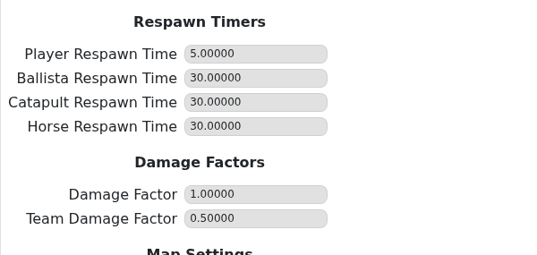 Mordhau Game.ini Config Editor showing respawn timers and damage factors