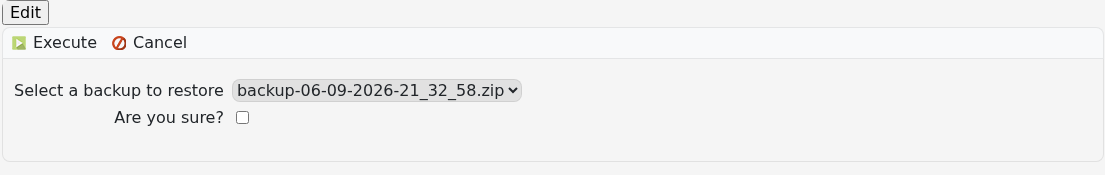 Mordhau Restore Backup form with backup selector and confirmation checkbox