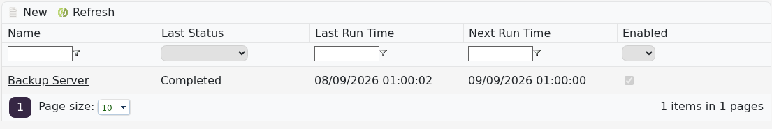 Mordhau Scheduled Tasks page showing a completed daily backup task