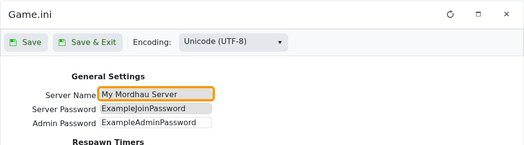 Mordhau Game.ini Config Editor with Server Name highlighted
