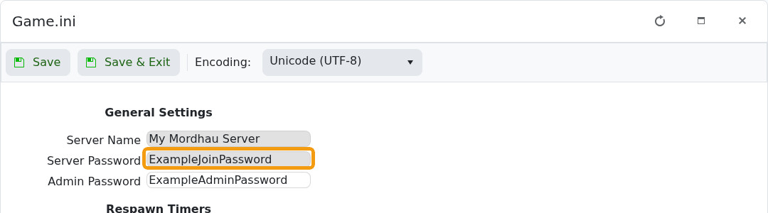 Mordhau Game.ini Config Editor with Server Password highlighted