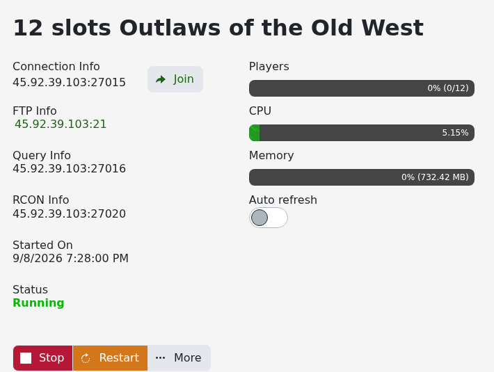 Running Outlaws of the Old West service with Connection Info and Join button