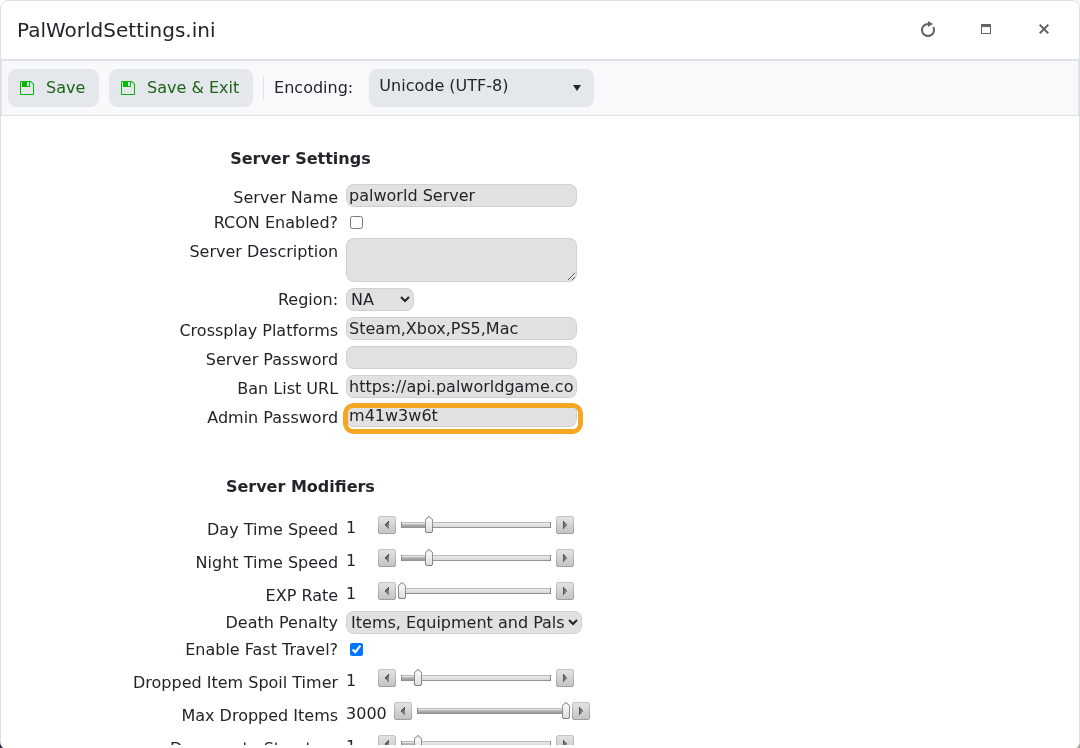 Palworld Config Editor showing Admin Password