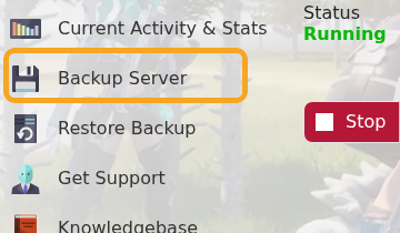 Palworld control panel showing Backup Server