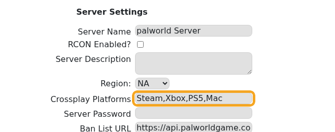 Palworld Config Editor showing the Crossplay Platforms field