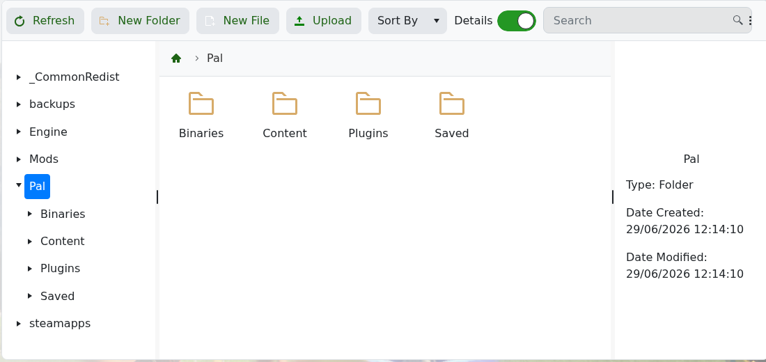 Palworld File Manager showing the Pal folder contents