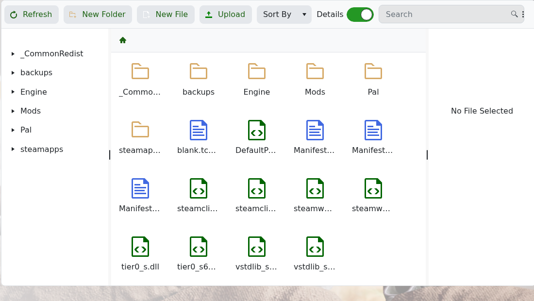 Palworld File Manager root folder with upload button