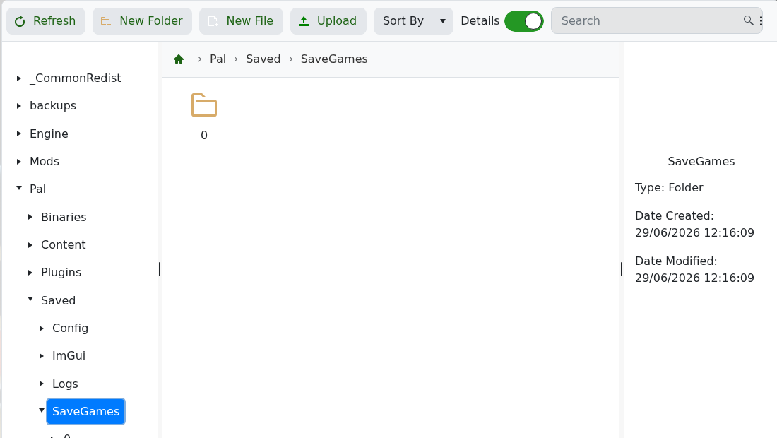 Palworld File Manager showing Pal Saved SaveGames