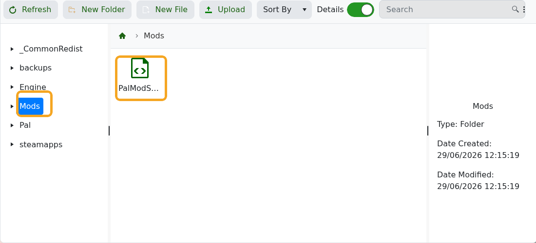 Palworld File Manager showing Mods folder