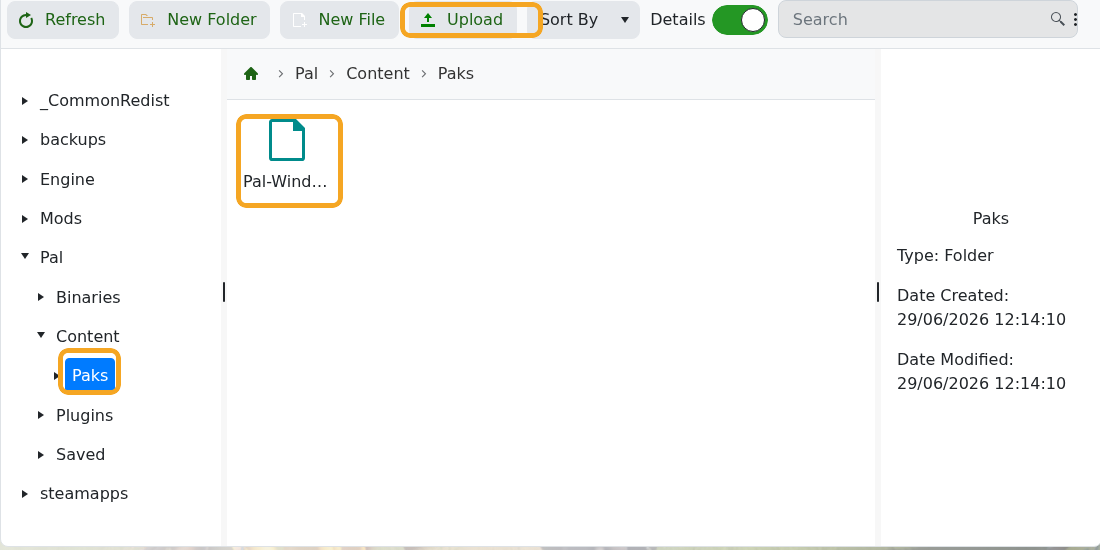 Palworld File Manager showing Pal Content Paks