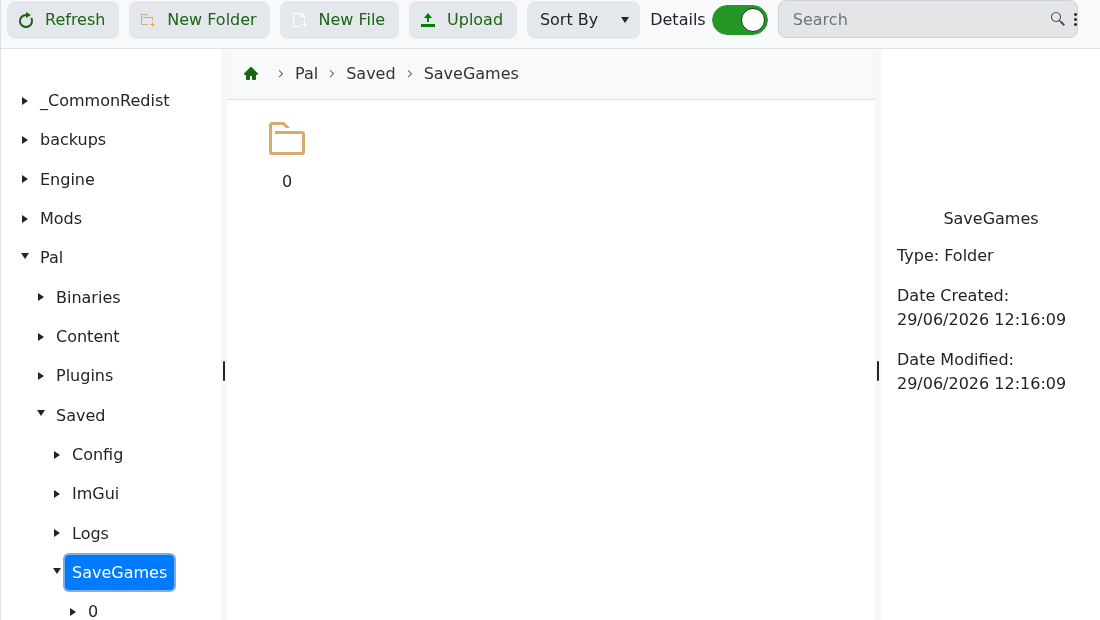 Palworld File Manager showing Pal Saved SaveGames