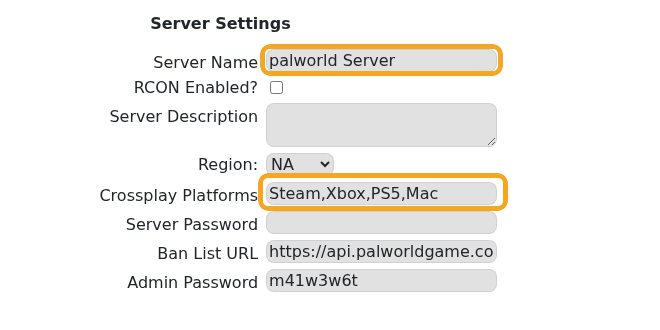 Palworld Config Editor showing server name region and crossplay platform fields