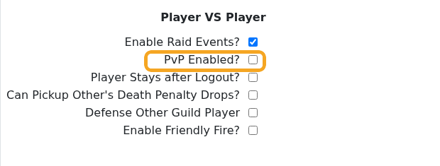 Palworld Config Editor showing the PvP Enabled setting