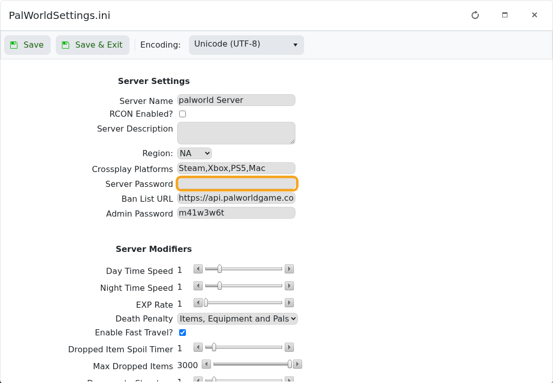 Palworld Config Editor showing the Server Password field