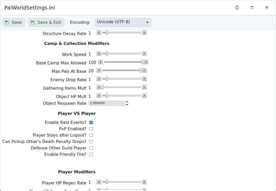 Palworld PalWorldSettings.ini Config Editor showing camp and PvP settings
