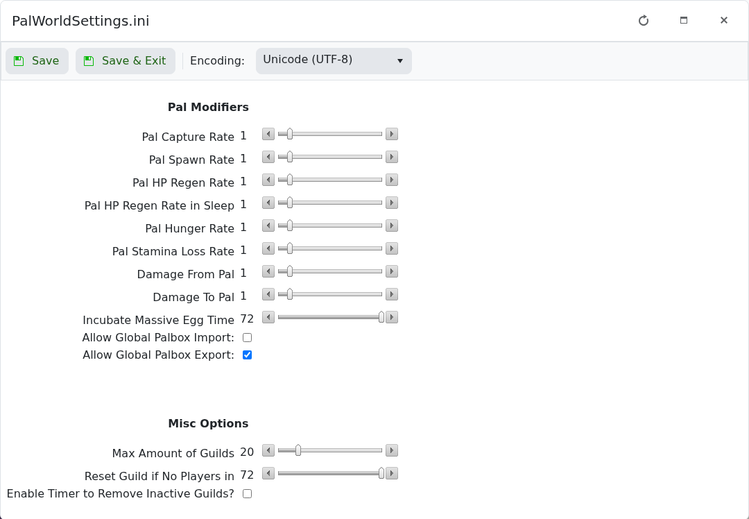 Palworld PalWorldSettings.ini Config Editor showing Pal modifiers