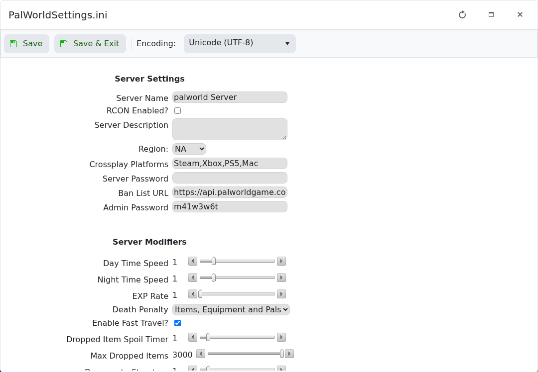 Palworld PalWorldSettings.ini Config Editor showing server settings