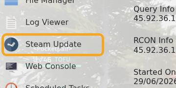 Palworld control panel showing Steam Update