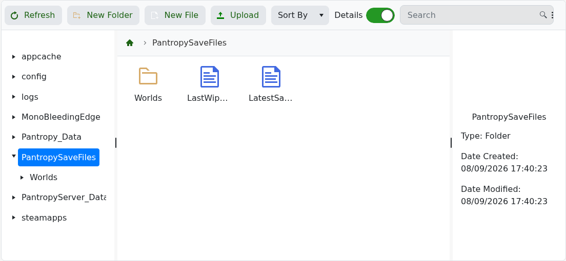 PantropySaveFiles folder showing Worlds LastWipe and LatestSave