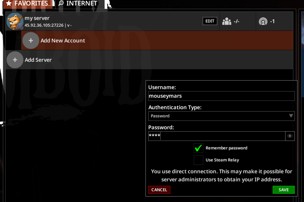 Project Zomboid account panel showing username, password, and remember password