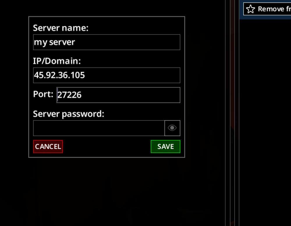 Project Zomboid add server form showing IP, port, and password fields