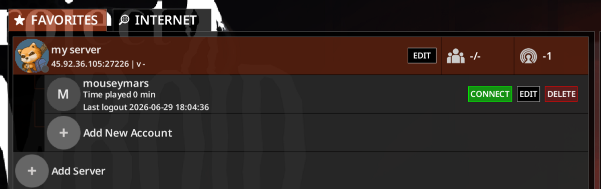 Project Zomboid saved favourite showing the Connect button