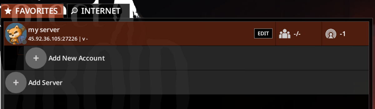 Project Zomboid Favourites tab showing Add New Account