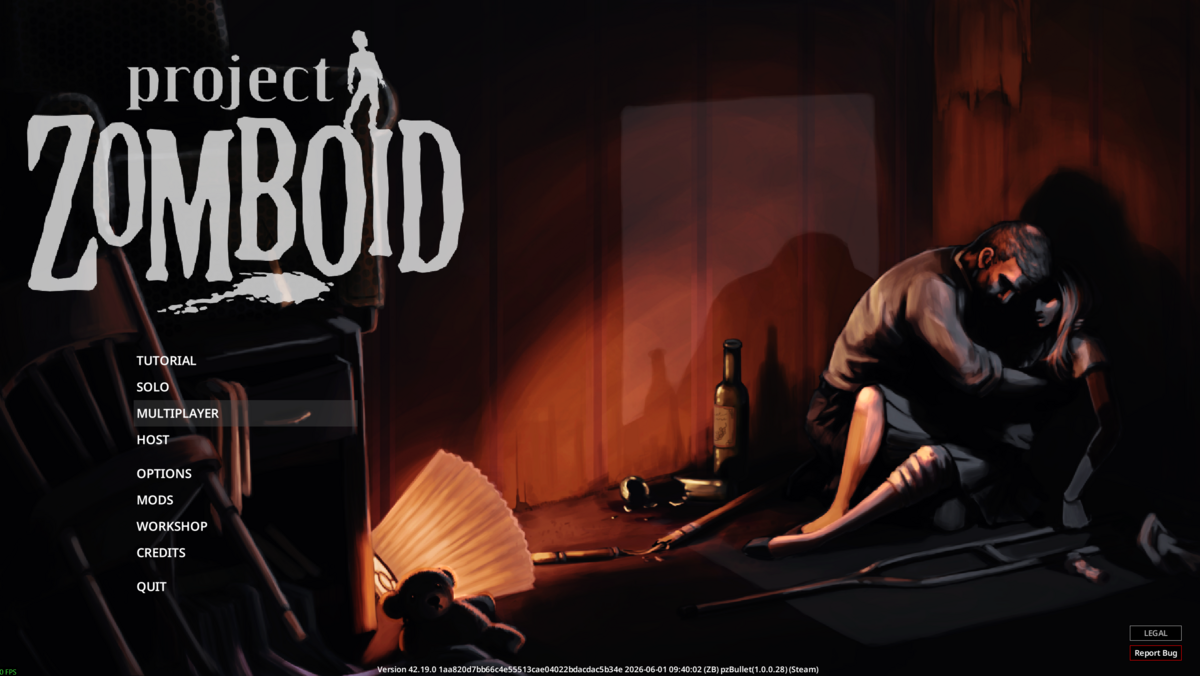 Project Zomboid main menu with Multiplayer selected