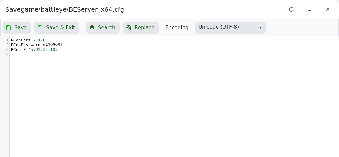Arma Reforger BEServer_x64.cfg Text Editor showing RCON settings