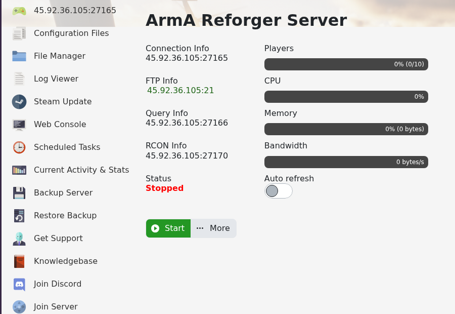 Arma Reforger control panel showing Connection Info