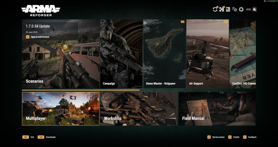 Arma Reforger main menu showing Multiplayer