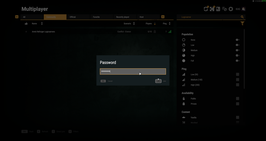 Arma Reforger password prompt before joining a protected server