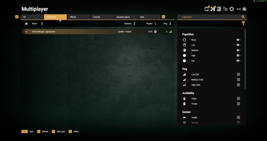 Arma Reforger multiplayer browser showing the server search result