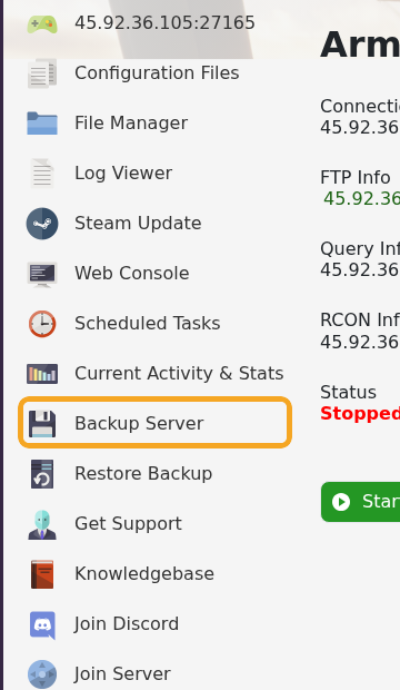 Arma Reforger control panel showing Backup Server
