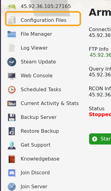 Arma Reforger control panel showing Configuration Files