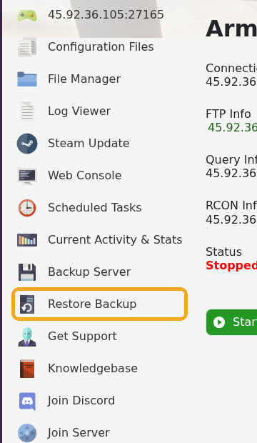 Arma Reforger control panel showing Restore Backup