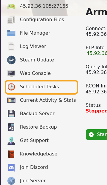 Arma Reforger control panel showing Scheduled Tasks