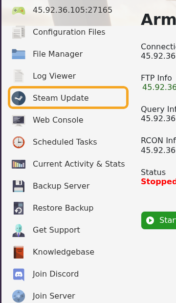 Arma Reforger control panel showing Steam Update