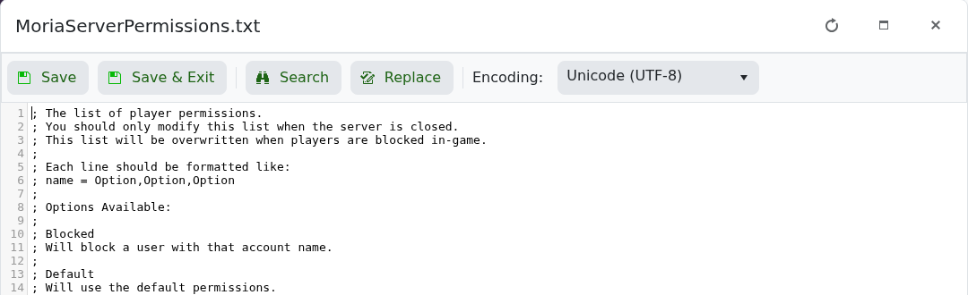 Return to Moria permissions file showing the Blocked player permission format