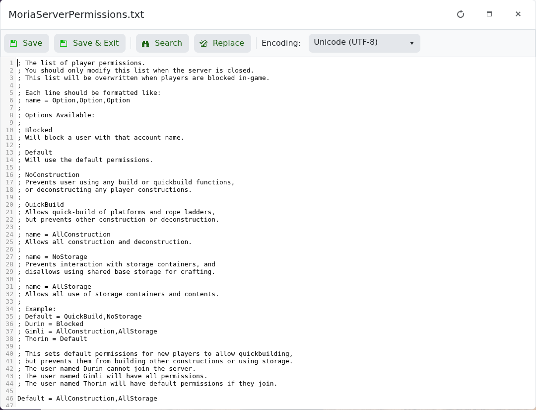 Return to Moria permissions file showing construction and storage permission options