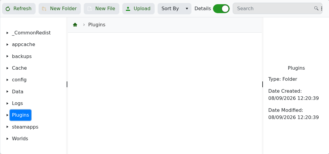 Rising World Plugins folder in the TCAdmin file manager
