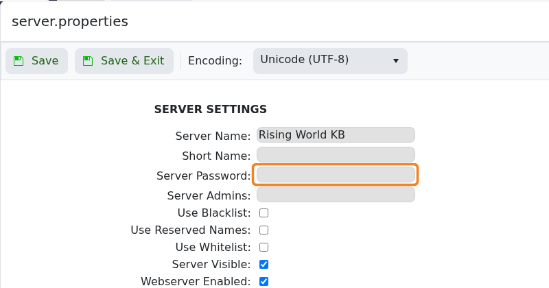 Rising World Server Password field highlighted in the Config Editor