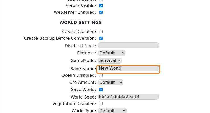 Rising World Save Name setting highlighted in server.properties