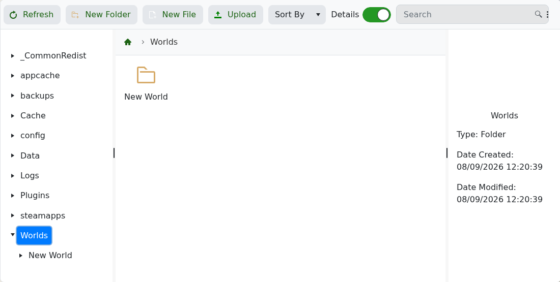 Rising World Worlds folder in the TCAdmin file manager