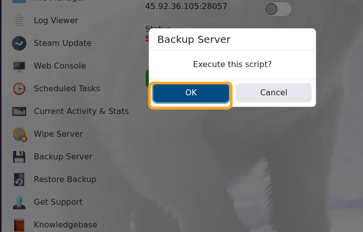 Rust Backup Server confirmation popup