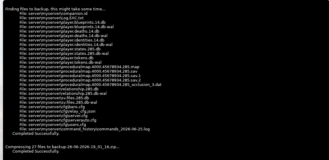 Rust backup output showing backed up server files