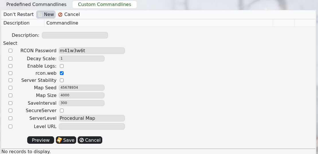 Rust custom commandline form showing selectable startup fields